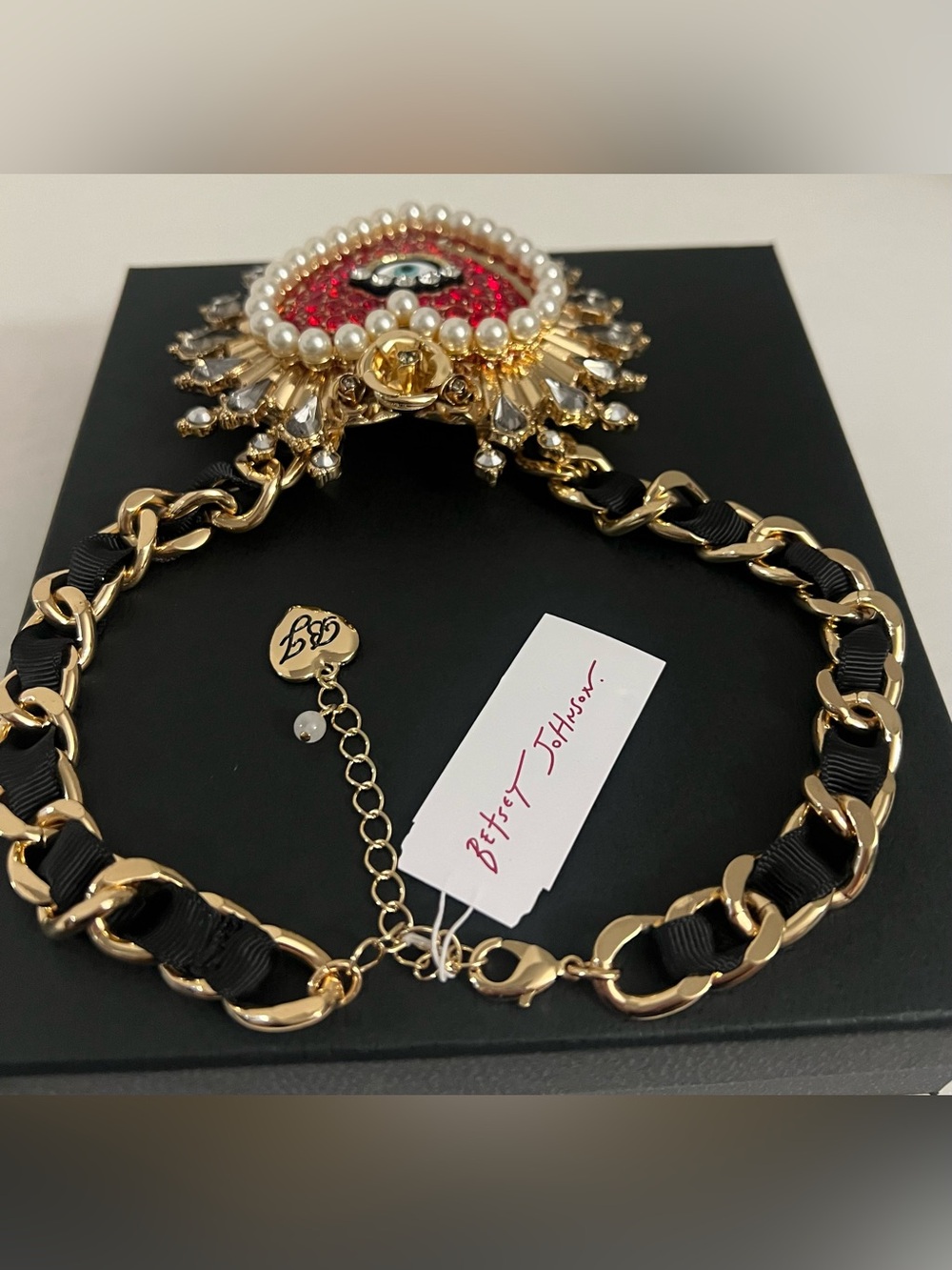 Betsey Johnson Red Crystal Evil Eye Heart Statement Necklace with Pearl Trim - Picture 16 of 16